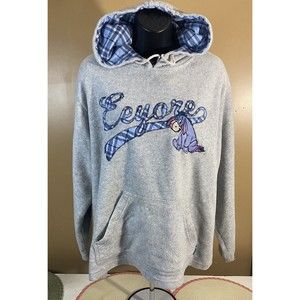 Disney Store Eeyore Embroidered Fleece Pullover Hoodie Blue Plaid Inside Size L